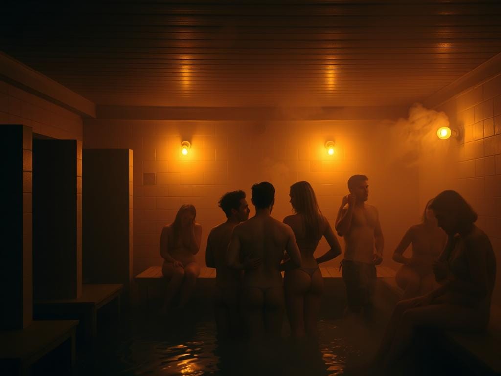 Um interior pouco iluminado de uma sauna LGBTQ+, com uma iluminação quente e filtrada que lança um brilho suave e convidativo. Nichos discretos e recantos privados alinham as paredes, criando uma atmosfera de intimidade e discrição. Em primeiro plano, um grupo de indivíduos envolvidos em actividades íntimas, os seus corpos entrelaçados numa demonstração sensual, mas privada. Ao fundo, o ar preenchido de vapor cria uma ambiência enevoada e onírica que intensifica a sensação de imersão. A cena global transmite um sentimento de exploração, prazer e celebração da identidade queer num ambiente seguro e inclusivo. Um interior pouco iluminado de uma sauna LGBTQ+, com uma iluminação quente e filtrada que lança um brilho suave e convidativo. Nichos discretos e recantos privados alinham as paredes, criando uma atmosfera de intimidade e discrição. Em primeiro plano, um grupo de indivíduos envolvidos em actividades íntimas, os seus corpos entrelaçados numa demonstração sensual, mas privada. Ao fundo, o ar preenchido de vapor cria uma ambiência enevoada e onírica que intensifica a sensação de imersão. A cena global transmite um sentimento de exploração, prazer e celebração da identidade queer num ambiente seguro e inclusivo.