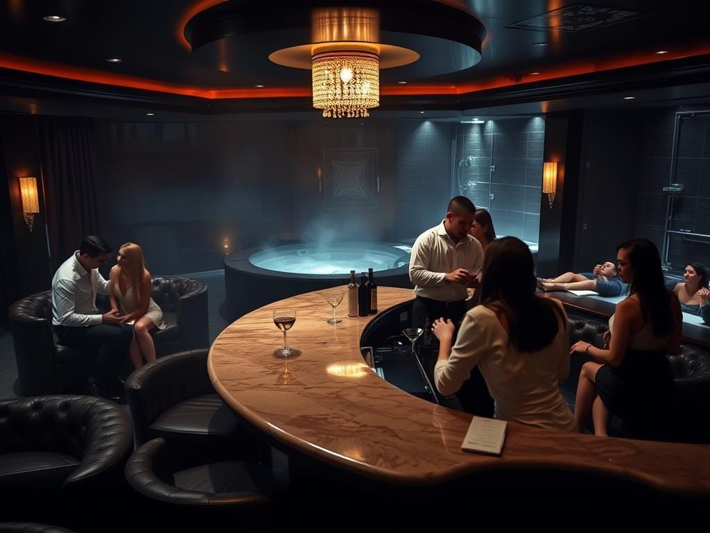 As pessoas se reúnem em um salão pouco iluminado de um clube swinger, com bar de mármore, cadeiras de couro e jacuzzi ao fundo. As pessoas se reúnem em um salão pouco iluminado de um clube swinger, com bar de mármore, cadeiras de couro e jacuzzi ao fundo.