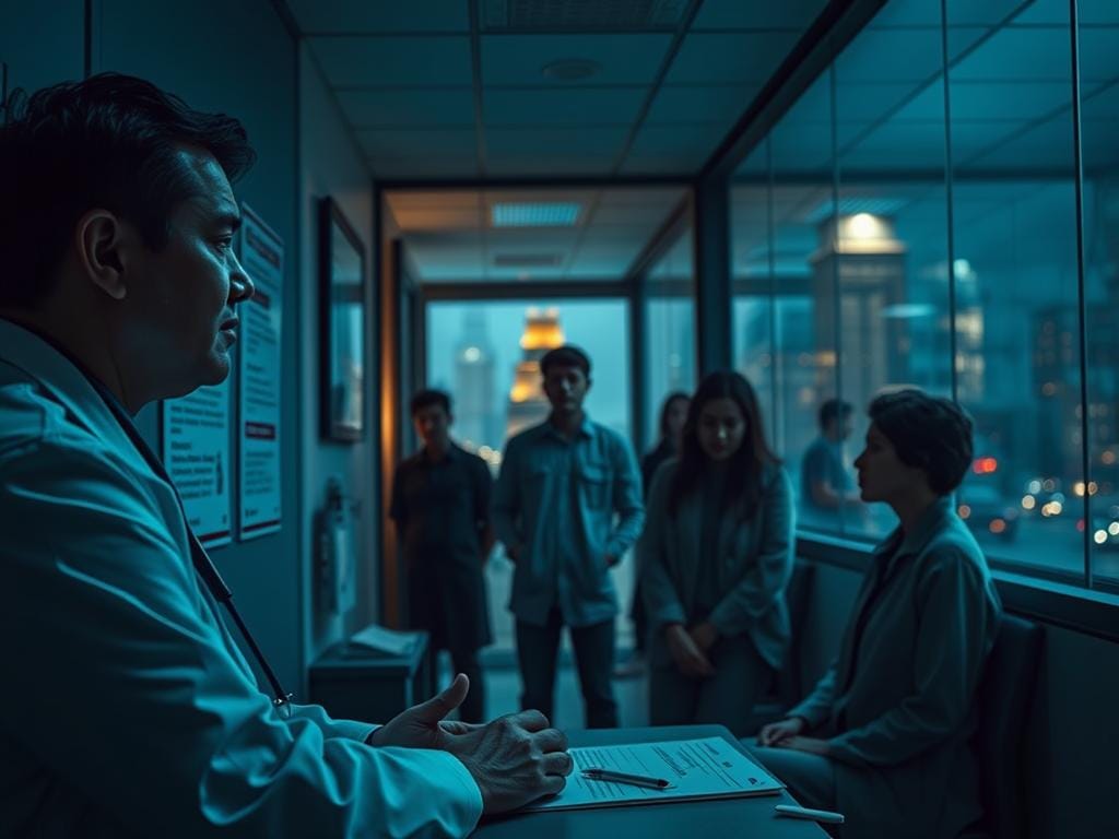 Um centro médico pouco iluminado, com pacientes que procuram cuidados hesitantes para preocupações de saúde sensíveis. Em primeiro plano, um médico está sentado numa secretária, com o rosto marcado pela empatia e preocupação. Nas paredes, cartazes informativos fornecem orientações sobre estratégias de redução de danos para participantes do chemsex. O plano intermédio revela indivíduos nervosos à espera da sua vez, as suas expressões reflectem o estigma social e a apreensão que enfrentam. O fundo desvanece-se numa paisagem urbana suavemente desfocada, sugerindo os desafios sociais mais amplos em torno desta questão. A atmosfera geral transmite o delicado equilíbrio de proporcionar cuidados de saúde acessíveis e sem julgamentos perante barreiras pessoais e culturais complexas. Um centro médico pouco iluminado, com pacientes que procuram cuidados hesitantes para preocupações de saúde sensíveis. Em primeiro plano, um médico está sentado numa secretária, com o rosto marcado pela empatia e preocupação. Nas paredes, cartazes informativos fornecem orientações sobre estratégias de redução de danos para participantes do chemsex. O plano intermédio revela indivíduos nervosos à espera da sua vez, as suas expressões reflectem o estigma social e a apreensão que enfrentam. O fundo desvanece-se numa paisagem urbana suavemente desfocada, sugerindo os desafios sociais mais amplos em torno desta questão. A atmosfera geral transmite o delicado equilíbrio de proporcionar cuidados de saúde acessíveis e sem julgamentos perante barreiras pessoais e culturais complexas.