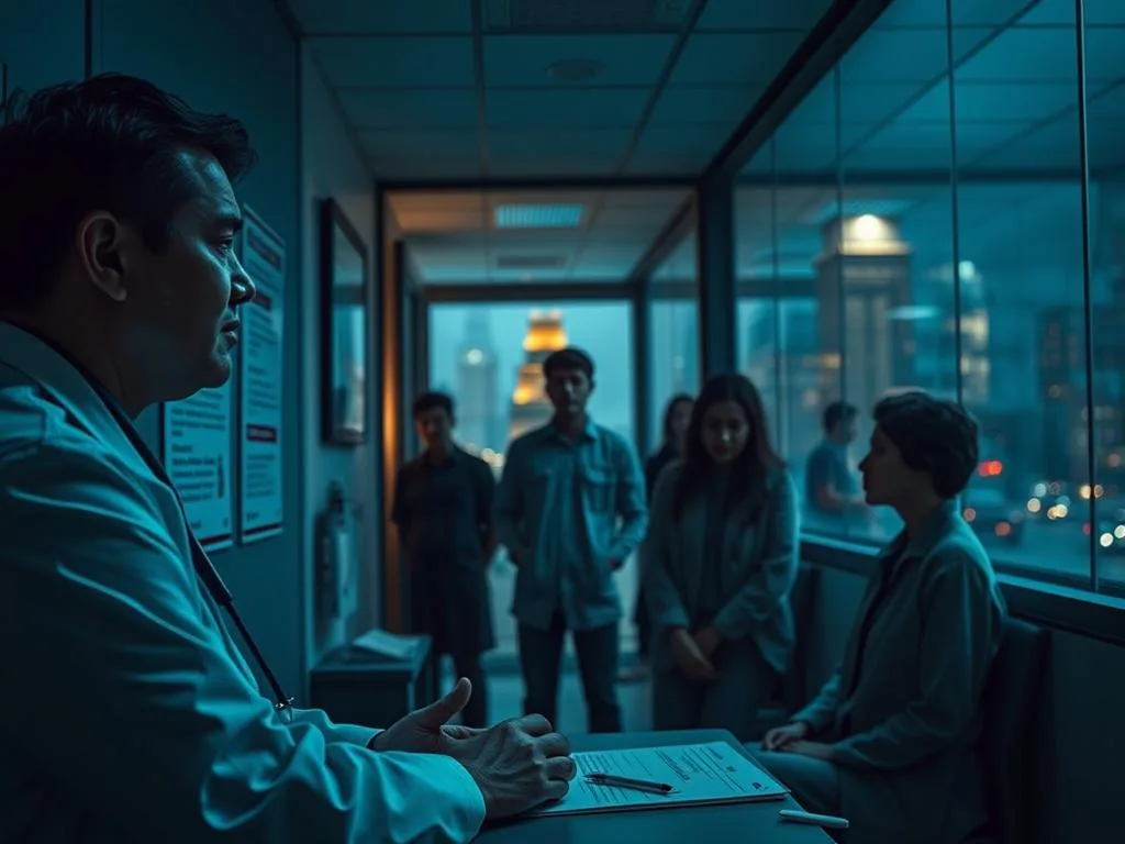  Um centro médico pouco iluminado, com pacientes que procuram cuidados hesitantes para preocupações de saúde sensíveis. Em primeiro plano, um médico está sentado numa secretária, com o rosto marcado pela empatia e preocupação. Nas paredes, cartazes informativos fornecem orientações sobre estratégias de redução de danos para participantes do chemsex. O plano intermédio revela indivíduos nervosos à espera da sua vez, as suas expressões reflectem o estigma social e a apreensão que enfrentam. O fundo desvanece-se numa paisagem urbana suavemente desfocada, sugerindo os desafios sociais mais amplos em torno desta questão. A atmosfera geral transmite o delicado equilíbrio de proporcionar cuidados de saúde acessíveis e sem julgamentos perante barreiras pessoais e culturais complexas.