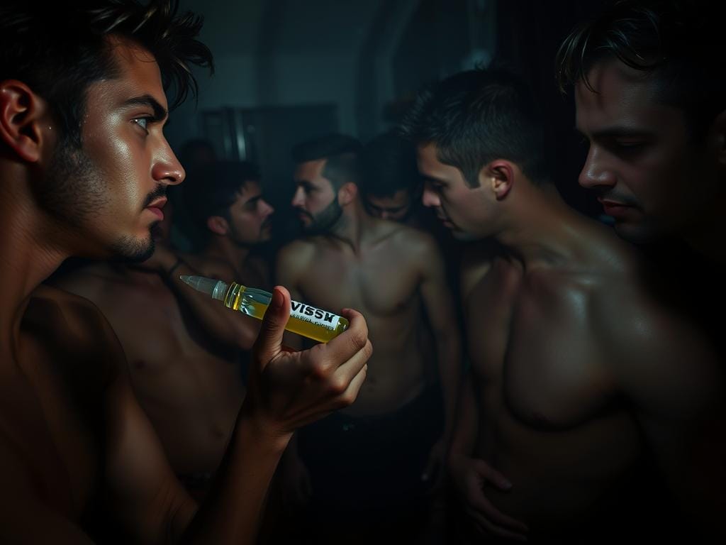 Uma cena de festa privada com pouca luz, com um grupo de homens envolvidos em comportamentos sexuais de risco facilitados por drogas recreativas. Em primeiro plano, um casal partilhando um frasco de uma substância líquida, as suas expressões a transmitir uma sensação de excitação e abandono aumentados. Em plano intermédio, outros reunidos em estreita proximidade, alguns sem camisa, os seus corpos entrelaçados. O fundo está enevoado, sugerindo um ambiente apertado e desarrumado, aumentando a sensação de perigo e vulnerabilidade. Uma iluminação dramática tipo chiaroscuro projecta sombras dramáticas, criando um ambiente ominoso e desconcertante. A composição geral sugere uma sensação de imprudência e perda de controlo, reflectindo os riscos associados ao fenómeno "chemsex". Uma cena de festa privada com pouca luz, com um grupo de homens envolvidos em comportamentos sexuais de risco facilitados por drogas recreativas. Em primeiro plano, um casal partilhando um frasco de uma substância líquida, as suas expressões a transmitir uma sensação de excitação e abandono aumentados. Em plano intermédio, outros reunidos em estreita proximidade, alguns sem camisa, os seus corpos entrelaçados. O fundo está enevoado, sugerindo um ambiente apertado e desarrumado, aumentando a sensação de perigo e vulnerabilidade. Uma iluminação dramática tipo chiaroscuro projecta sombras dramáticas, criando um ambiente ominoso e desconcertante. A composição geral sugere uma sensação de imprudência e perda de controlo, reflectindo os riscos associados ao fenómeno "chemsex".