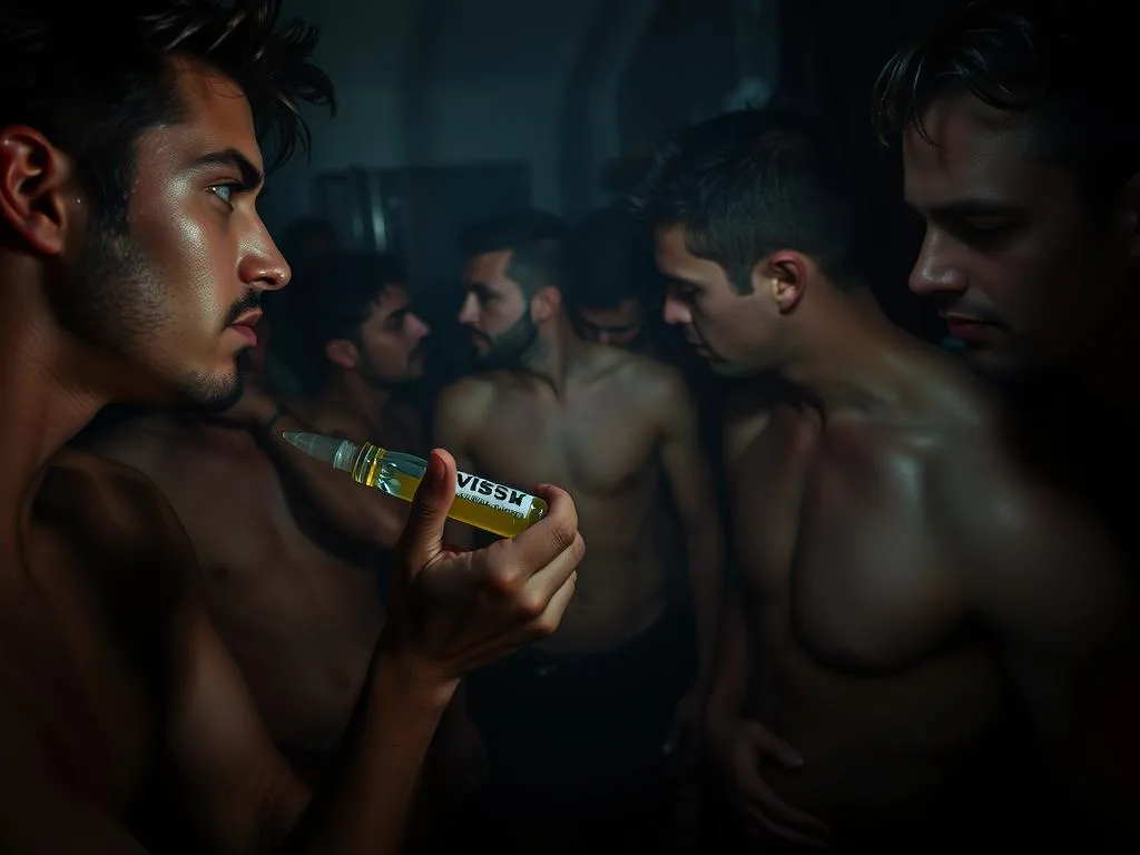 Uma cena de festa privada com pouca luz, com um grupo de homens envolvidos em comportamentos sexuais de risco facilitados por drogas recreativas. Em primeiro plano, um casal partilhando um frasco de uma substância líquida, as suas expressões a transmitir uma sensação de excitação e abandono aumentados. Em plano intermédio, outros reunidos em estreita proximidade, alguns sem camisa, os seus corpos entrelaçados. O fundo está enevoado, sugerindo um ambiente apertado e desarrumado, aumentando a sensação de perigo e vulnerabilidade. Uma iluminação dramática tipo chiaroscuro projecta sombras dramáticas, criando um ambiente ominoso e desconcertante. A composição geral sugere uma sensação de imprudência e perda de controlo, reflectindo os riscos associados ao fenómeno "chemsex".