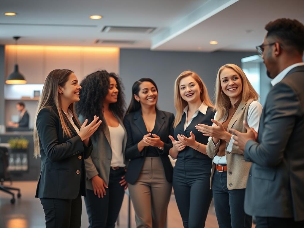 Um grupo de pessoas vestidas profissionalmente está em um escritório, sorrindo e aplaudindo durante uma conversa com linguagem inclusiva. Um grupo de pessoas vestidas profissionalmente está em um escritório, sorrindo e aplaudindo durante uma conversa com linguagem inclusiva.