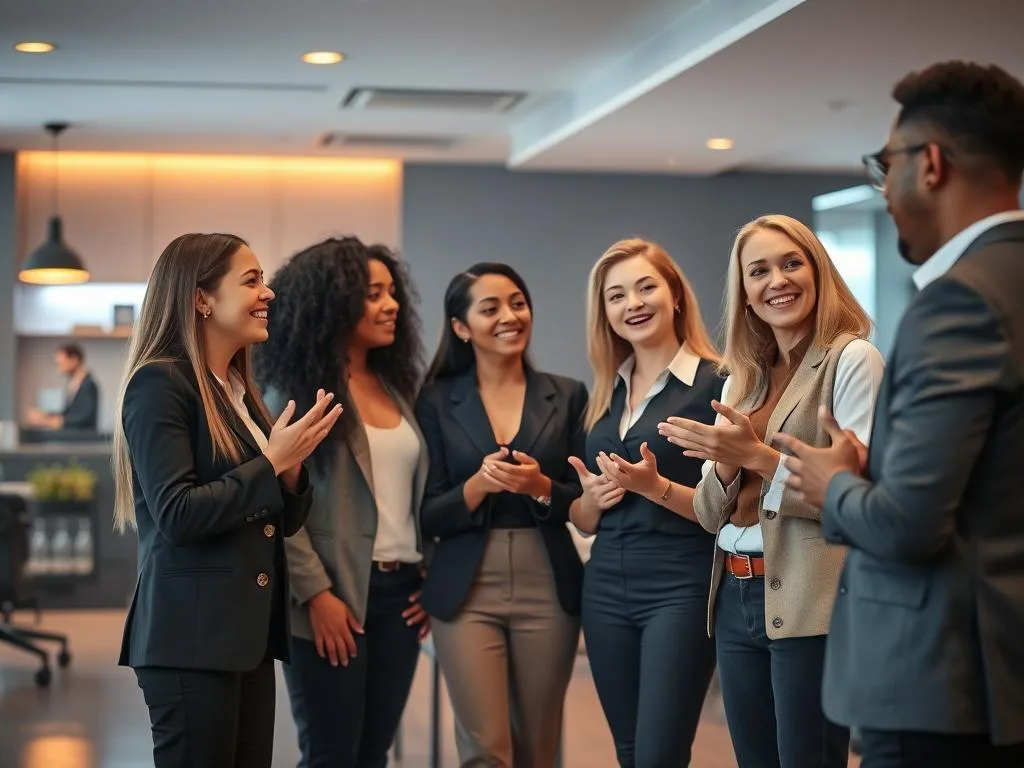 Um grupo de pessoas vestidas profissionalmente está em um escritório, sorrindo e aplaudindo durante uma conversa com linguagem inclusiva.