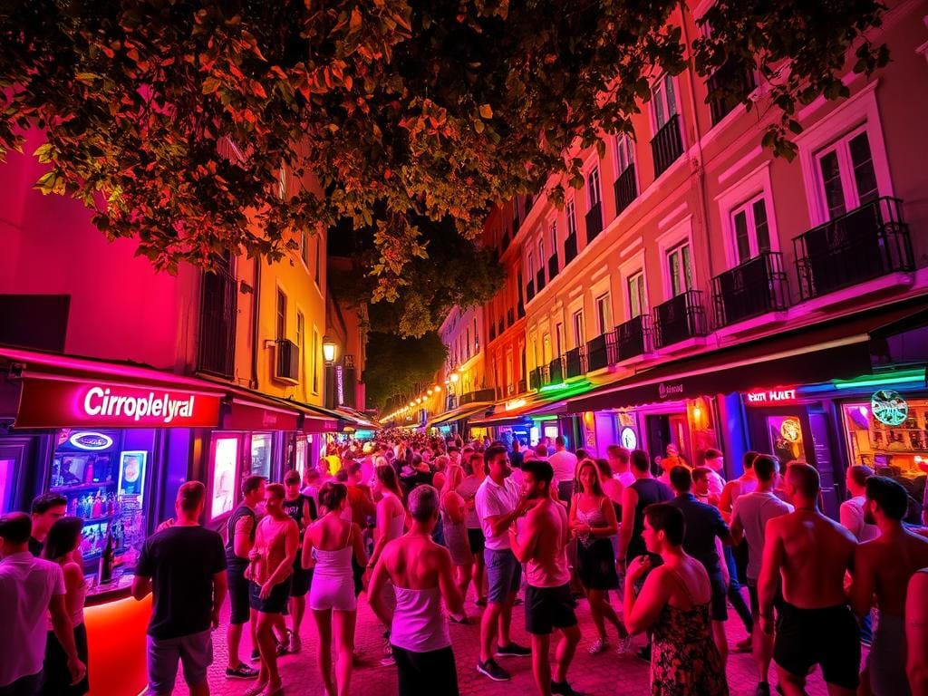 Uma rua citadina em Lisboa repleta de vida, à noite, anima-se com gente junto a bares e restaurantes LGBT, cheia de luzes néon e varandas. Uma rua citadina em Lisboa repleta de vida, à noite, anima-se com gente junto a bares e restaurantes LGBT, cheia de luzes néon e varandas.