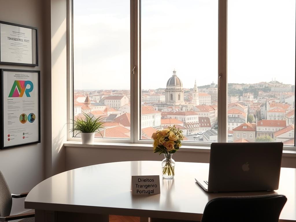 Um escritório moderno com portátil, vaso de flores e placa, vista para telhados vermelhos e cúpula; ambiente acolhedor e inclusivo. Um escritório moderno com portátil, vaso de flores e placa, vista para telhados vermelhos e cúpula; ambiente acolhedor e inclusivo.