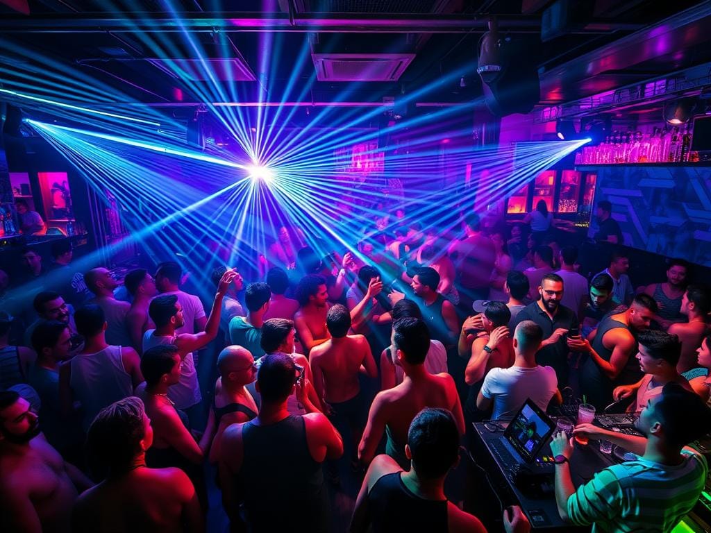 Discoteca cheia na Noite LGBT em Lisboa, pessoas a dançar sob luzes azuis e púrpuras; muitas de alças; DJ à frente. Discoteca cheia na Noite LGBT em Lisboa, pessoas a dançar sob luzes azuis e púrpuras; muitas de alças; DJ à frente.