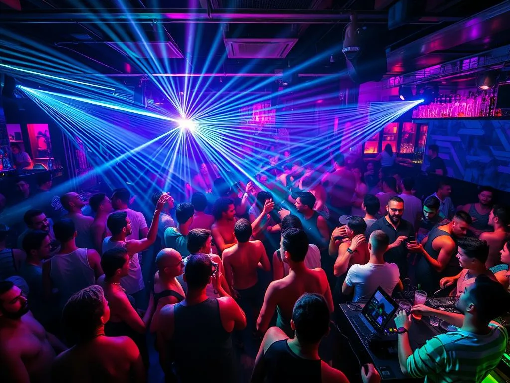 Discoteca cheia na Noite LGBT em Lisboa, pessoas a dançar sob luzes azuis e púrpuras; muitas de alças; DJ à frente. Discoteca cheia na Noite LGBT em Lisboa, pessoas a dançar sob luzes azuis e púrpuras; muitas de alças; DJ à frente.