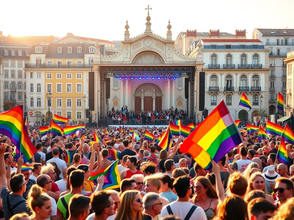 Um desfile vibrante e colorido de indivíduos diversos a celebrar o orgulho LGBTQ+ no coração de Lisboa, Portugal, em 2025. O primeiro plano está preenchido com uma multidão animada a acenar bandeiras arco-íris, vestida com trajes festivos e disfarces. O plano intermédio apresenta um grande palco com artistas, oradores e animadores que energizam a multidão. Ao fundo, a arquitectura histórica de Lisboa oferece um impressionante cenário, banhado por uma iluminação quente e dourada que cria uma atmosfera alegre e de celebração. A cena transmite um sentimento de unidade, inclusão e a rica tapeçaria da comunidade LGBTQ+. A composição geral capta o espírito de um evento de orgulho LGBTQ+ inesquecível e imperdível em Lisboa. Um desfile vibrante e colorido de indivíduos diversos a celebrar o orgulho LGBTQ+ no coração de Lisboa, Portugal, em 2025. O primeiro plano está preenchido com uma multidão animada a acenar bandeiras arco-íris, vestida com trajes festivos e disfarces. O plano intermédio apresenta um grande palco com artistas, oradores e animadores que energizam a multidão. Ao fundo, a arquitectura histórica de Lisboa oferece um impressionante cenário, banhado por uma iluminação quente e dourada que cria uma atmosfera alegre e de celebração. A cena transmite um sentimento de unidade, inclusão e a rica tapeçaria da comunidade LGBTQ+. A composição geral capta o espírito de um evento de orgulho LGBTQ+ inesquecível e imperdível em Lisboa.
