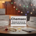 Mesa com materiais informativos sobre Chemsex, panfletos, preservativos, seringas, torniquete, toalha e luzes ao fundo. Placa: "Chemsex: Redução de riscos em saunas e festas privadas.
