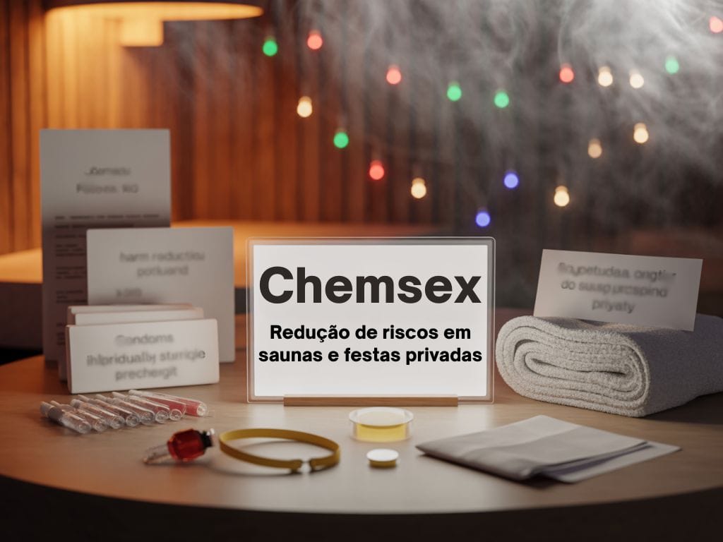 Mesa com materiais informativos sobre Chemsex, panfletos, preservativos, seringas, torniquete, toalha e luzes ao fundo. Placa: "Chemsex: Redução de riscos em saunas e festas privadas.