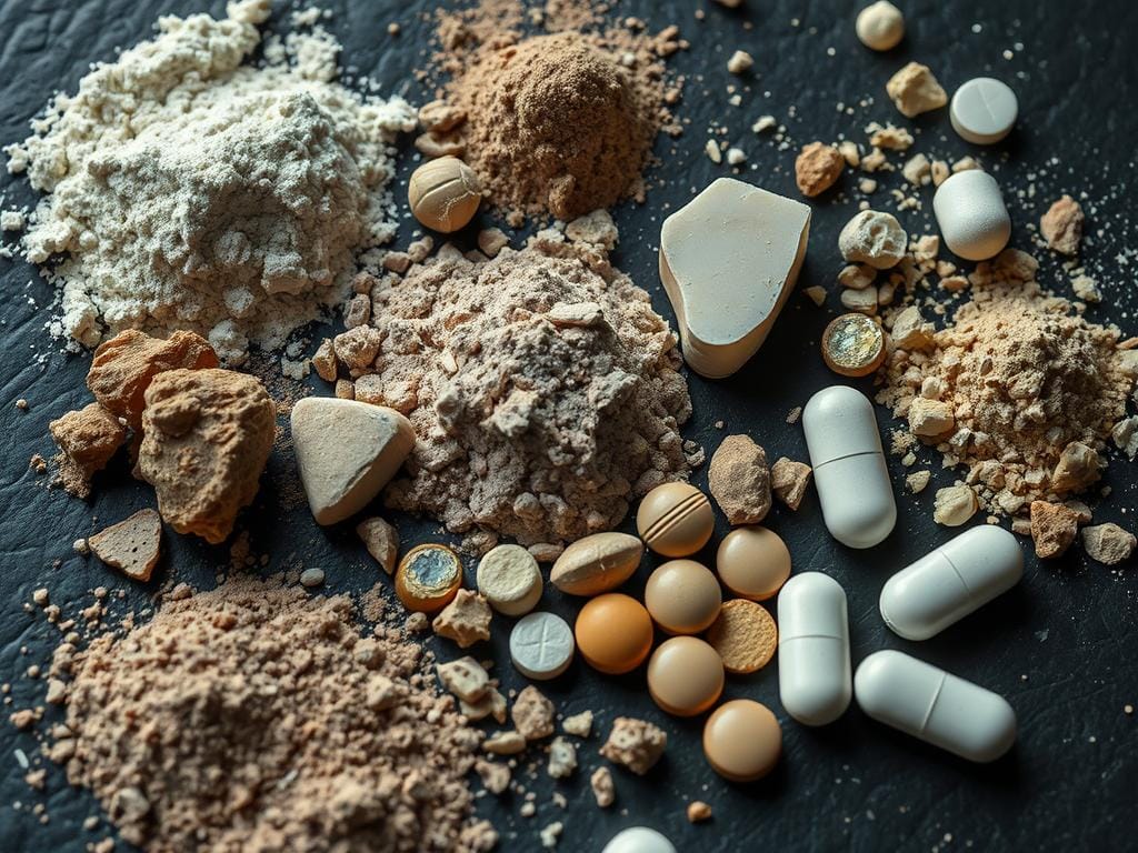 Imagem detalhada em plano próximo de várias substâncias psicoactivas comumente utilizadas na cena Chemsex. Renderização nítida, de alta resolução e realista que apresenta uma variedade de pós, cristais e comprimidos em tons suaves e terrosos dispostos sobre uma superfície escura e textura. Ênfase na representação precisa da aparência e escala relativa de cada substância. Iluminação neutra, de estilo documental, proveniente de vários ângulos para destacar as texturas e cores. Transmite uma sensação de apresentação clínica e informativa sem elementos extrínsecos. Imagem detalhada em plano próximo de várias substâncias psicoactivas comumente utilizadas na cena Chemsex. Renderização nítida, de alta resolução e realista que apresenta uma variedade de pós, cristais e comprimidos em tons suaves e terrosos dispostos sobre uma superfície escura e textura. Ênfase na representação precisa da aparência e escala relativa de cada substância. Iluminação neutra, de estilo documental, proveniente de vários ângulos para destacar as texturas e cores. Transmite uma sensação de apresentação clínica e informativa sem elementos extrínsecos.