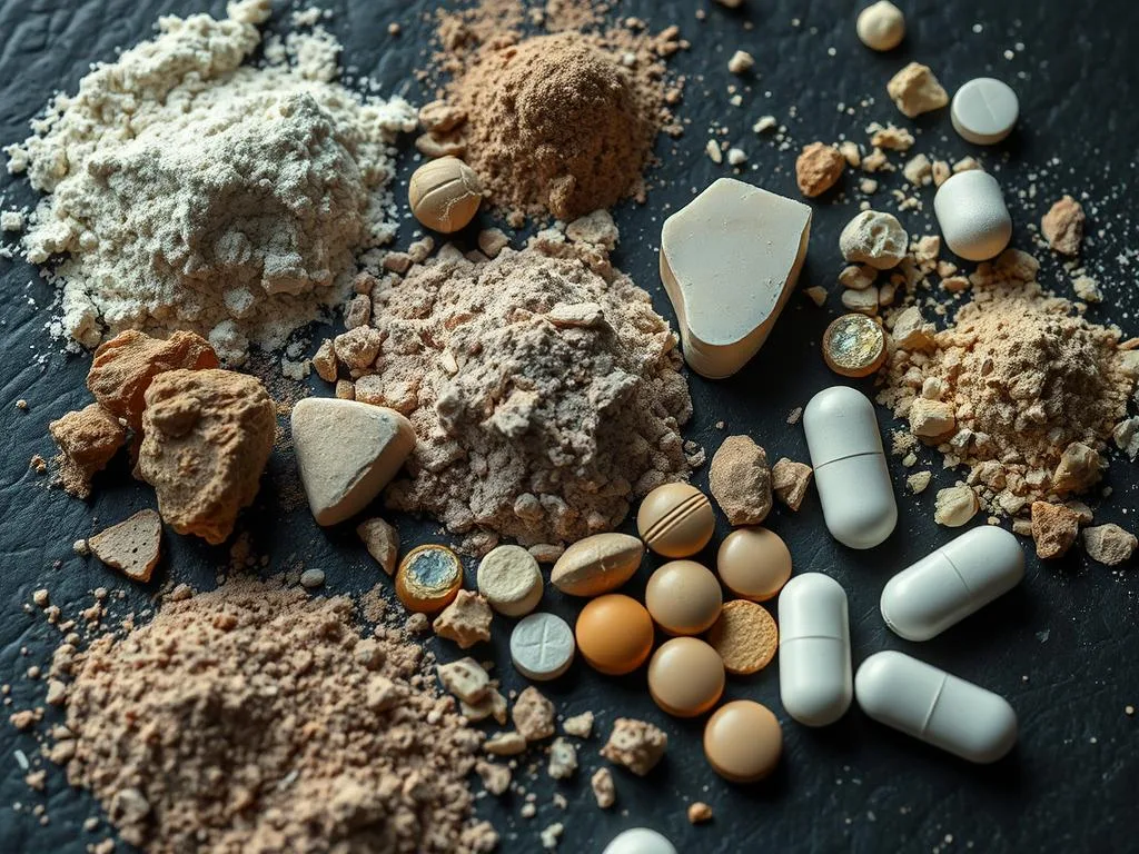 Imagem detalhada em plano próximo de várias substâncias psicoactivas comumente utilizadas na cena Chemsex. Renderização nítida, de alta resolução e realista que apresenta uma variedade de pós, cristais e comprimidos em tons suaves e terrosos dispostos sobre uma superfície escura e textura. Ênfase na representação precisa da aparência e escala relativa de cada substância. Iluminação neutra, de estilo documental, proveniente de vários ângulos para destacar as texturas e cores. Transmite uma sensação de apresentação clínica e informativa sem elementos extrínsecos.