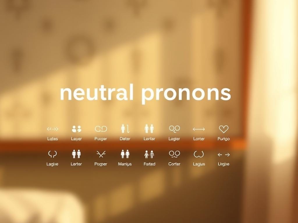 Texto "neutral pronons" a branco centrado sobre fundo bege desfocado, destacando linguagem inclusiva; pronomes neutros e ícones abaixo em duas filas ordenadas. Texto "neutral pronons" a branco centrado sobre fundo bege desfocado, destacando linguagem inclusiva; pronomes neutros e ícones abaixo em duas filas ordenadas.