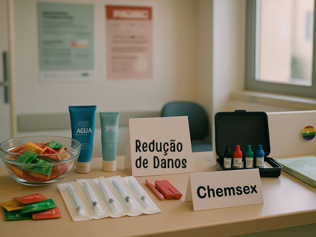 Mesa com preservativos, lubrificantes, seringas, cachimbos e testes, com sinalética "Redução de Danos" e "Chemsex" em clínica portuguesa. Mesa com preservativos, lubrificantes, seringas, cachimbos e testes, com sinalética "Redução de Danos" e "Chemsex" em clínica portuguesa.