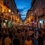 Uma multidão enche uma rua lisboeta ao entardecer na Noite LGBT, com bandeiras arco-íris e luzes festivas a animar o ambiente.