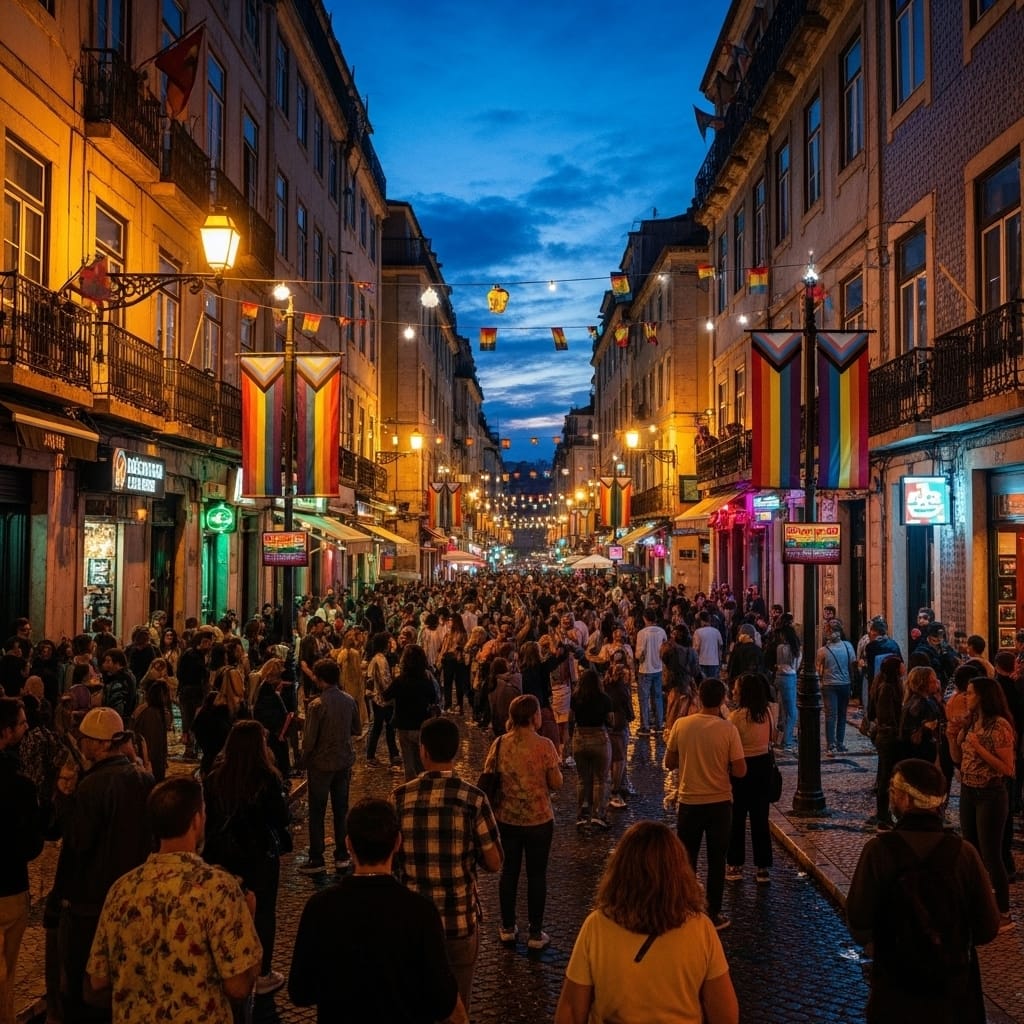 Uma multidão enche uma rua lisboeta ao entardecer na Noite LGBT, com bandeiras arco-íris e luzes festivas a animar o ambiente.