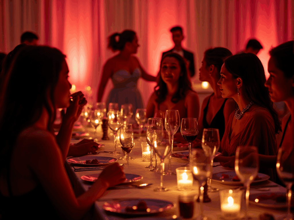 Um grupo de pessoas, incluindo swingers em Portugal, senta-se numa longa mesa iluminada por velas em uma sala de luz rosa e vermelha. Um grupo de pessoas, incluindo swingers em Portugal, senta-se numa longa mesa iluminada por velas em uma sala de luz rosa e vermelha.