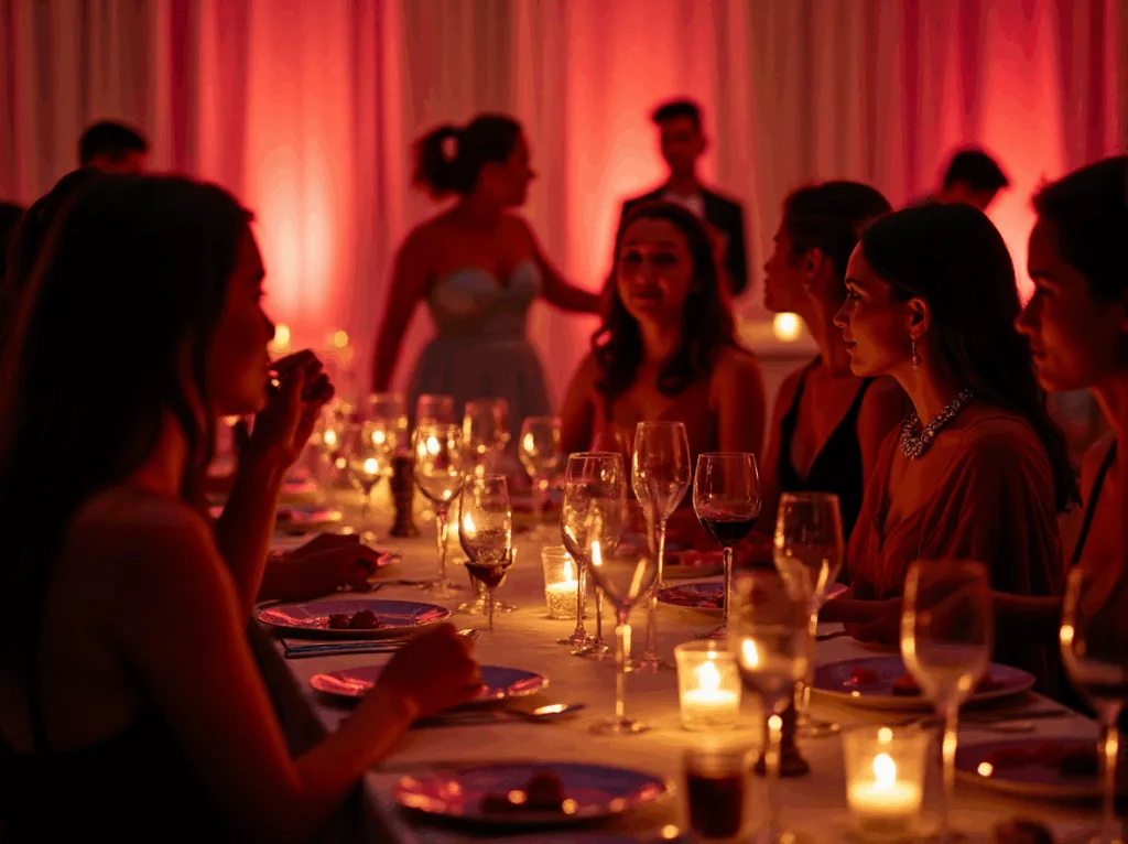 Um grupo de pessoas, incluindo swingers em Portugal, senta-se numa longa mesa iluminada por velas em uma sala de luz rosa e vermelha.