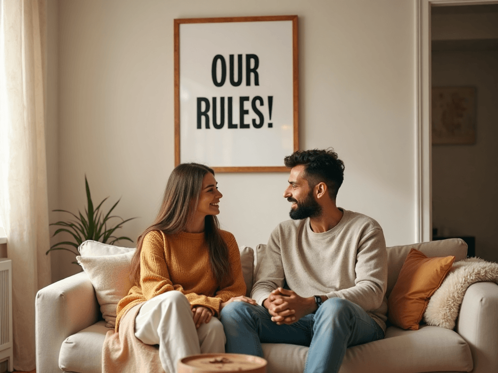 Um homem e uma mulher, casal de swingers, sentados em um sofá, sorvendo um para o outro, com um letreiro atrás deles dizendo "NOSSAS REGRAS!". Um homem e uma mulher, casal de swingers, sentados em um sofá, sorvendo um para o outro, com um letreiro atrás deles dizendo "NOSSAS REGRAS!".