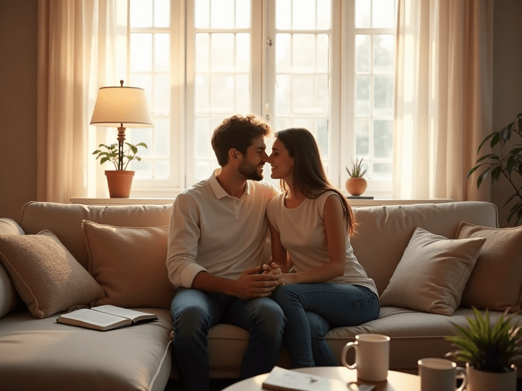 Um casal curioso pela atividade swinger senta-se junto num sofá bege numa sala iluminada pelo sol, de mãos dadas; há chávenas, um livro e vasos com plantas. Um casal curioso pela atividade swinger senta-se junto num sofá bege numa sala iluminada pelo sol, de mãos dadas; há chávenas, um livro e vasos com plantas.