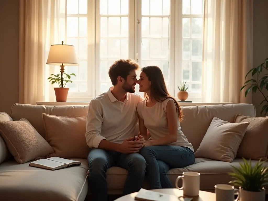 Um casal curioso pela atividade swinger senta-se junto num sofá bege numa sala iluminada pelo sol, de mãos dadas; há chávenas, um livro e vasos com plantas.