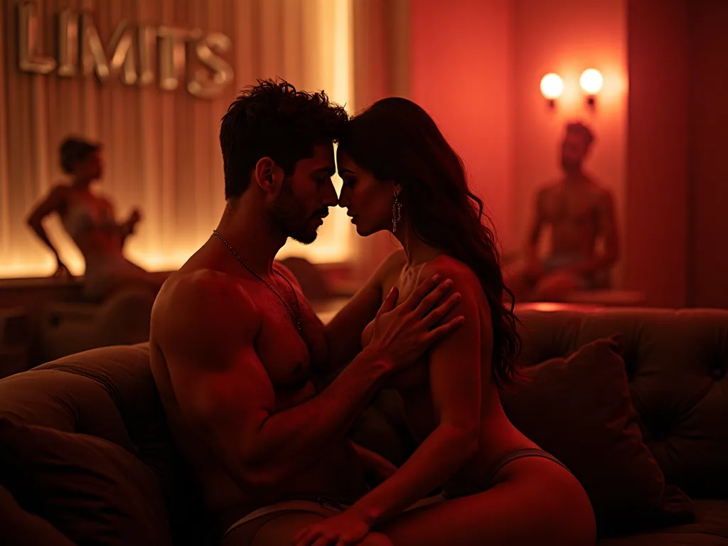 Homem e mulher sexy sentados juntos num sofá pouco iluminado, três pessoas ao fundo; na parede lê-se "LIMITS". São um casal Swinger a definir os limites do que podem ou não fazer nos clubes.