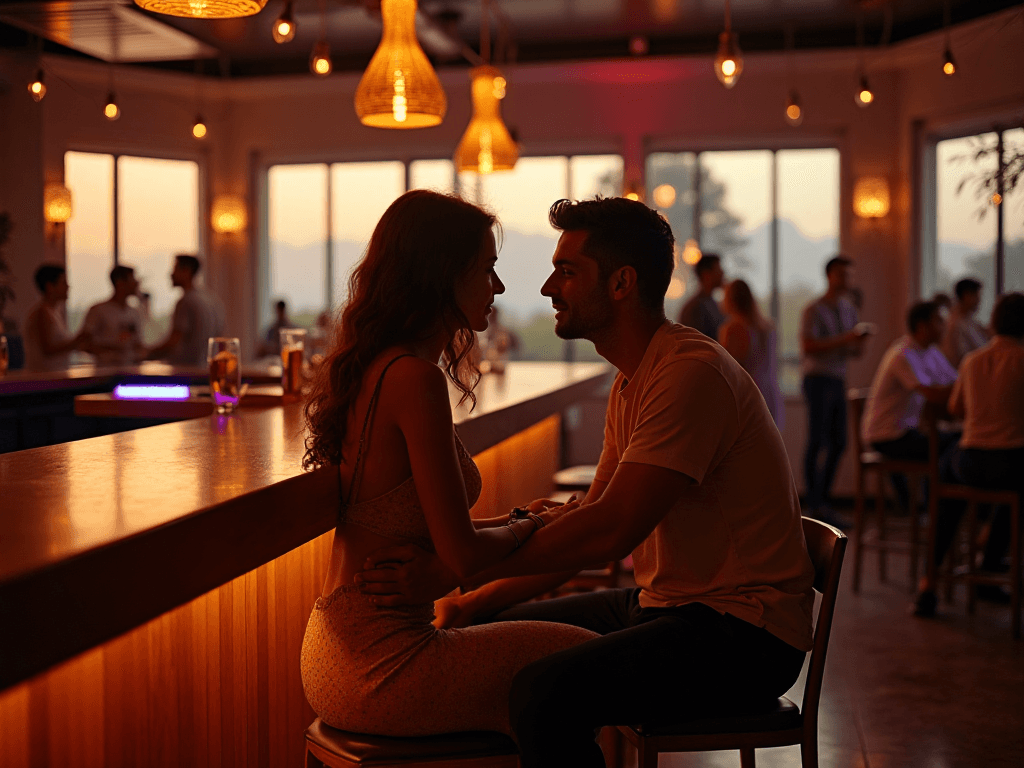Um casal senta-se junto a um balcão ao pôr do sol, rodeado de outros clientes num lounge moderno e acolhedor típico da vida noturna de swingers em Portugal. Um casal senta-se junto a um balcão ao pôr do sol, rodeado de outros clientes num lounge moderno e acolhedor típico da vida noturna de swingers em Portugal.