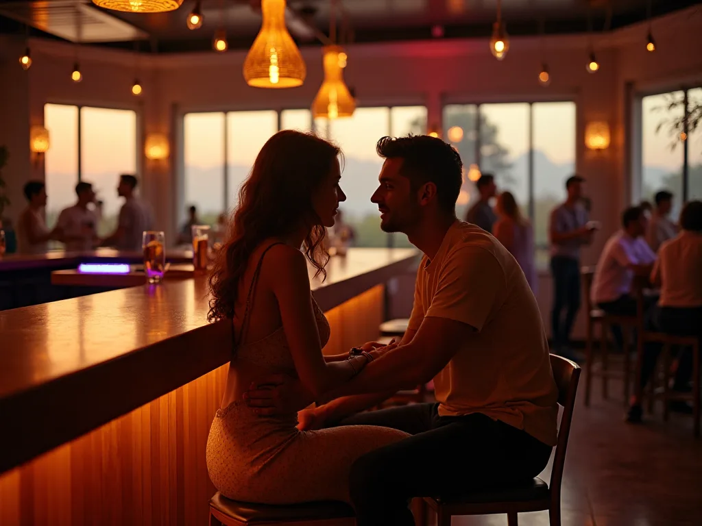 Um casal senta-se junto a um balcão ao pôr do sol, rodeado de outros clientes num lounge moderno e acolhedor típico da vida noturna de swingers em Portugal.