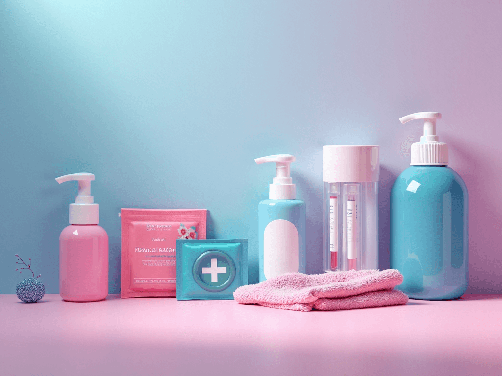 Uma fila de produtos de higiene e cosmética, com frascos, toalha, toalhetes e tubos, em fundo rosa e azul, realça a segurança que é necessária nos ambientes de trocas ded casais. Uma fila de produtos de higiene e cosmética, com frascos, toalha, toalhetes e tubos, em fundo rosa e azul, realça a segurança que é necessária nos ambientes de trocas ded casais.