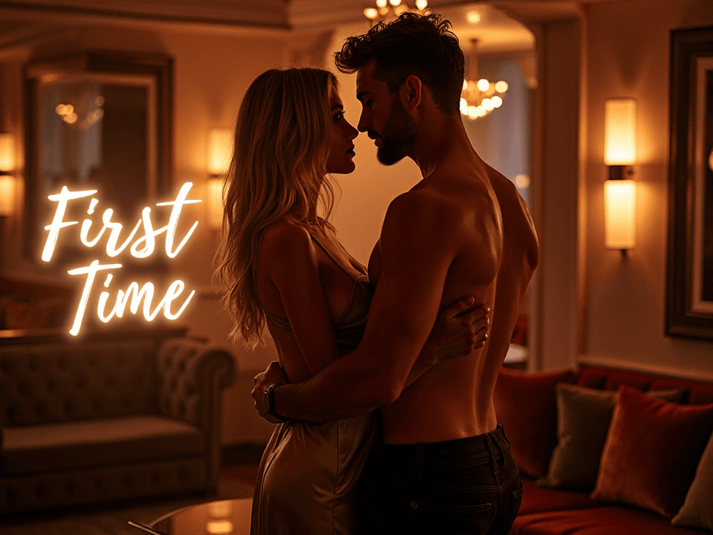 Um homem e uma mulher, juntos em um salão elegante e pouco iluminado; "First Time" surge em escrita luminosa, sugerindo um encontro discreto entre swingers em Portugal. Um homem e uma mulher, juntos em um salão elegante e pouco iluminado; "First Time" surge em escrita luminosa, sugerindo um encontro discreto entre swingers em Portugal.