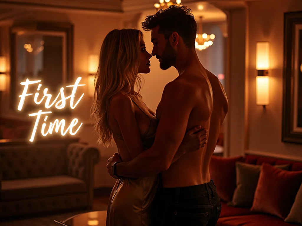 Um homem e uma mulher, juntos em um salão elegante e pouco iluminado; "First Time" surge em escrita luminosa, sugerindo um encontro discreto entre swingers em Portugal.
