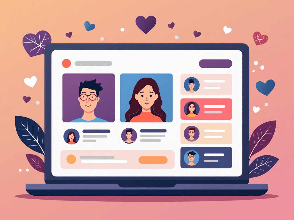 Ilustração de um portátil a mostrar um site de encontros com perfis, conversas e corações, destacando a ativa comunidade swinger em Portugal que também se pratica online. Ilustração de um portátil a mostrar um site de encontros com perfis, conversas e corações, destacando a ativa comunidade swinger em Portugal que também se pratica online.