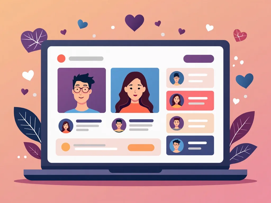 Ilustração de um portátil a mostrar um site de encontros com perfis, conversas e corações, destacando a ativa comunidade swinger em Portugal que também se pratica online.