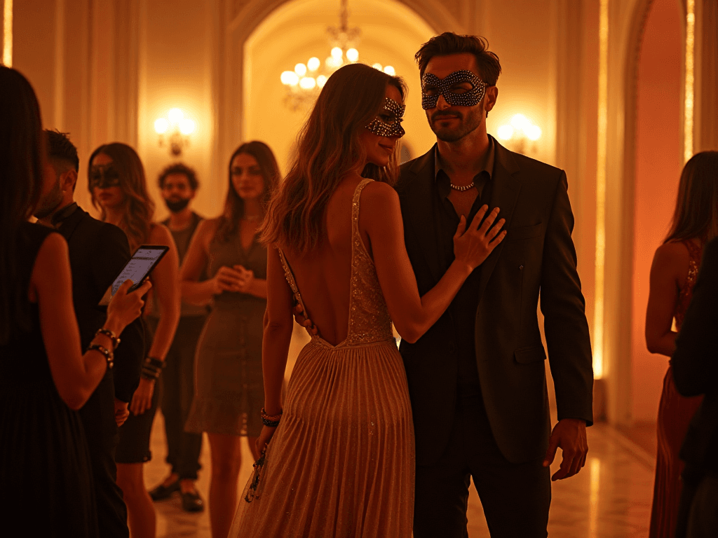 Um casal de trajes formais e máscaras posa em um salão elegante iluminado por lustres, evocando festas exclusivas de swinging em Portugal. Um casal de trajes formais e máscaras posa em um salão elegante iluminado por lustres, evocando festas exclusivas de swinging em Portugal.