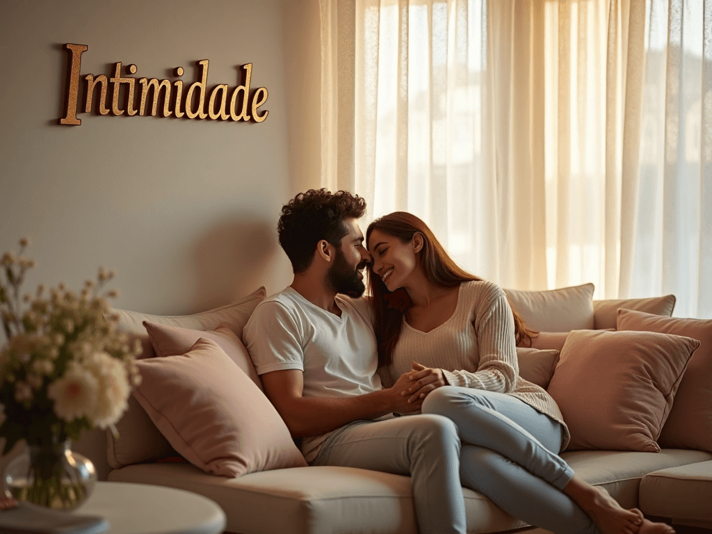 Um casal senta-se aconchegado no sofá, de mãos dadas e sorrindo, com a palavra "Intimidade" escrita ao fundo — um clima comum no debate entre o casal quando definem, por exemplo, os limites e a safe word antes de visitarem um clube libertino e liberal. Um casal senta-se aconchegado no sofá, de mãos dadas e sorrindo, com a palavra "Intimidade" escrita ao fundo — um clima comum no debate entre o casal quando definem, por exemplo, os limites e a safe word antes de visitarem um clube libertino e liberal.