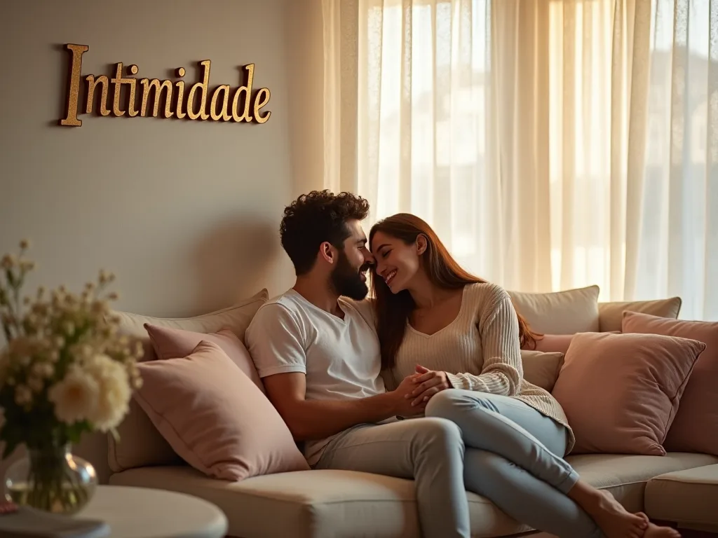 Um casal senta-se aconchegado no sofá, de mãos dadas e sorrindo, com a palavra "Intimidade" escrita ao fundo — um clima comum no debate entre o casal quando definem, por exemplo, os limites e a safe word antes de visitarem um clube libertino e liberal.