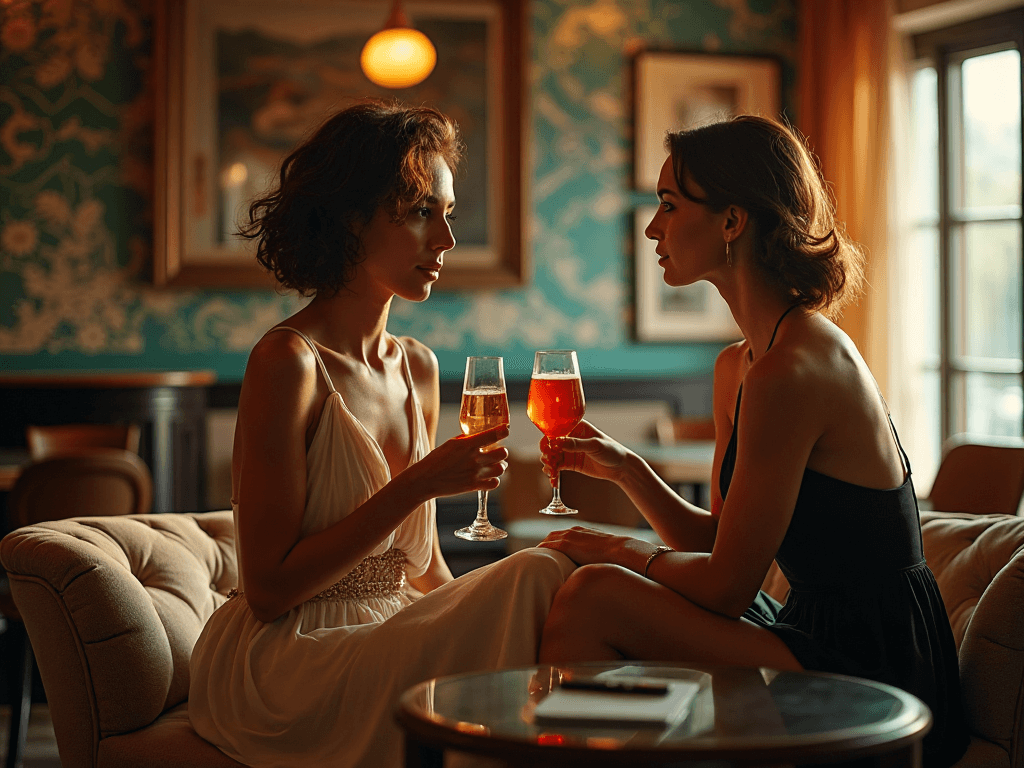 Duas mulheres sentadas num sofá, a conversar com bebidas na mão, sugerindo que lideram os avanços do casal swinger. Duas mulheres sentadas num sofá, a conversar com bebidas na mão, sugerindo que lideram os avanços do casal swinger.