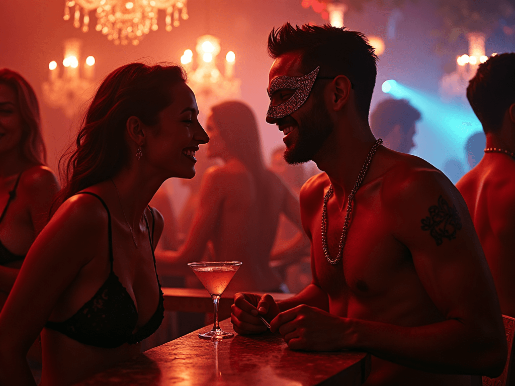 Uma mulher de lingerie e um homem sem camisa de máscara sorriem num clube liberal e desinibido, entre candelabros e foliões. Uma mulher de lingerie e um homem sem camisa de máscara sorriem num clube liberal e desinibido, entre candelabros e foliões.