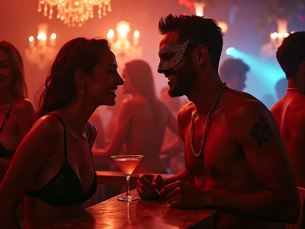 Uma mulher de lingerie e um homem sem camisa de máscara sorriem num clube liberal e desinibido, entre candelabros e foliões.