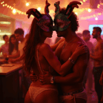 Um casal swinger em ambiente liberal e libertino, com lingerie e máscaras decorativas, abraça-se numa festa animada e pouco iluminada, com luzes de corda e outros convidados arrojados ao fundo.