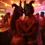 Um casal swinger em ambiente liberal e libertino, com lingerie e máscaras decorativas, abraça-se numa festa animada e pouco iluminada, com luzes de corda e outros convidados arrojados ao fundo.