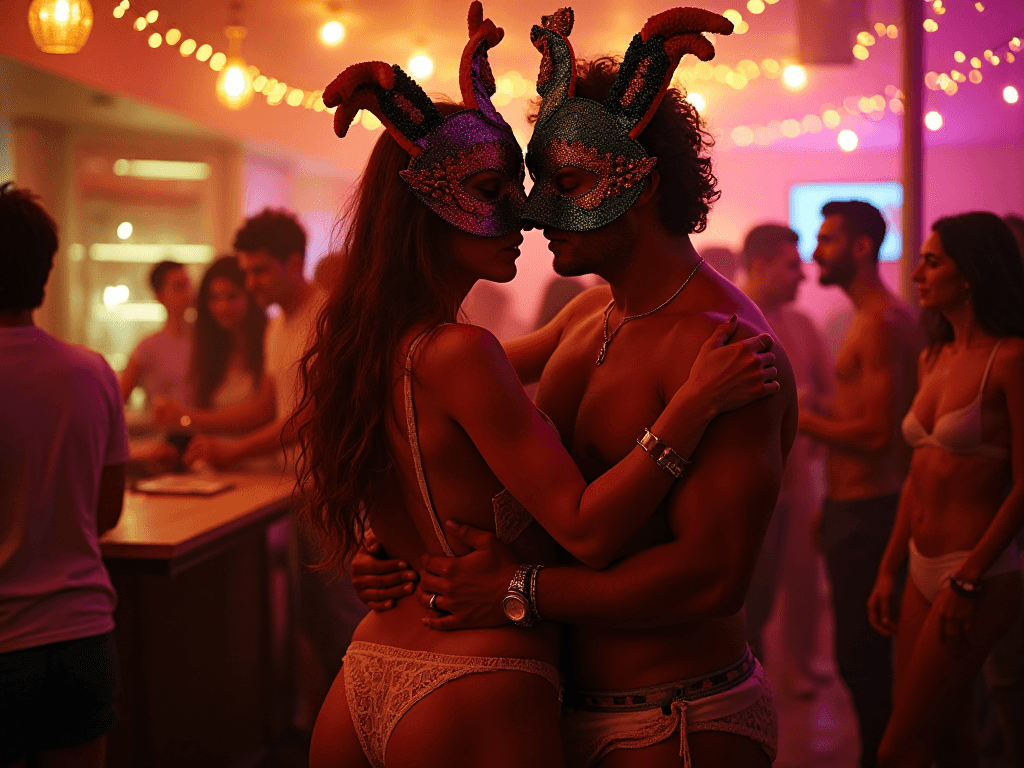 Um casal swinger em ambiente liberal e libertino, com lingerie e máscaras decorativas, abraça-se numa festa animada e pouco iluminada, com luzes de corda e outros convidados arrojados ao fundo.