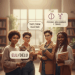 Quatro pessoas se juntaram em uma biblioteca segurando cartazes e um guia sobre linguagem inclusiva e pronomes não-binários em três idiomas.