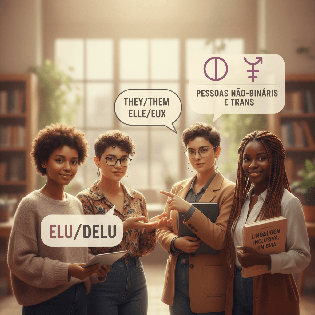 Quatro pessoas se juntaram em uma biblioteca segurando cartazes e um guia sobre linguagem inclusiva e pronomes não-binários em três idiomas.