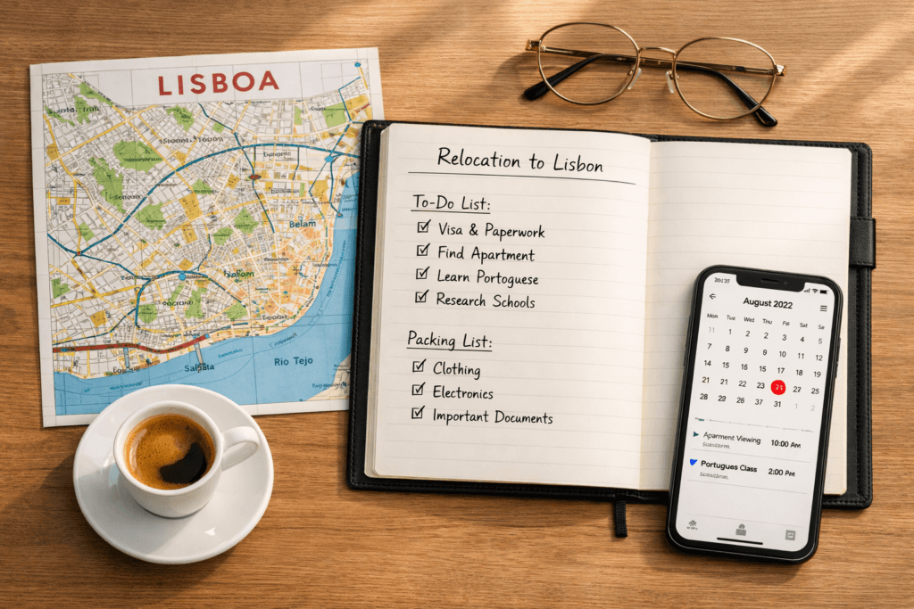 Um mapa de Lisboa, óculos, uma chávena de café e uma agenda com lista de mudanças e calendário de agosto de 2022 num celular sobre a secretária. Um mapa de Lisboa, óculos, uma chávena de café e uma agenda com lista de mudanças e calendário de agosto de 2022 num celular sobre a secretária.
