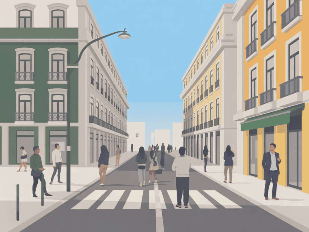 As pessoas caminham e conversam numa rua citadina ladeada de prédios sob um céu azul, partilhando conselhos sobre migração em Lisboa. As pessoas caminham e conversam numa rua citadina ladeada de prédios sob um céu azul, partilhando conselhos sobre migração em Lisboa.