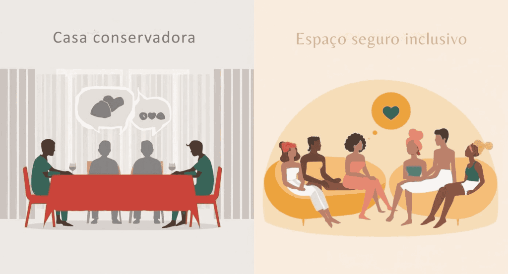 À esquerda, as pessoas sentam-se formalmente à mesa numa casa conservadora; à direita, grupo diverso conversa num espaço inclusivo.