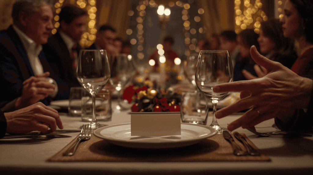 Uma mesa de jantar formal com pratos, copos, talheres, cartão de lugar e arranjo floral, rodeada por pessoas a conversar.