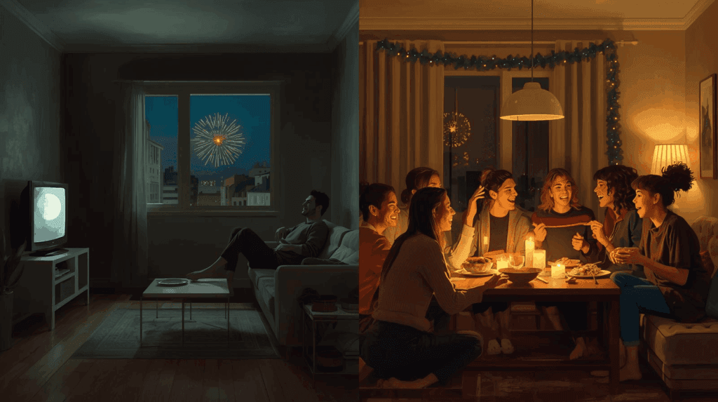 Um homem vê fogos sozinho num sofá numa sala escura, enquanto um grupo partilha alegre refeição noutra sala bem iluminada e festiva.
